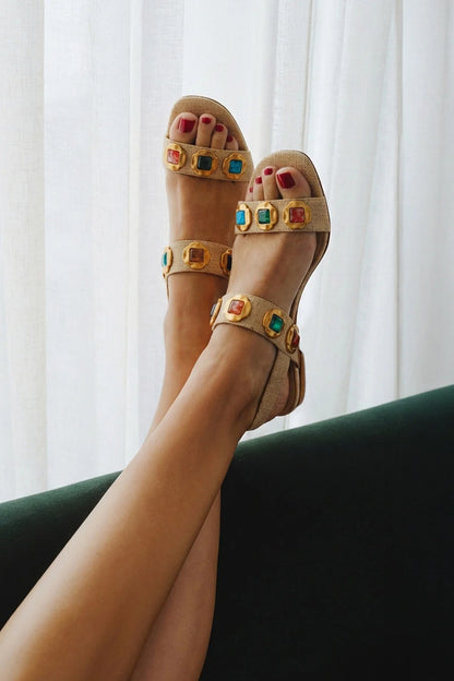 Milan Gioiello Flat In Beige Raffia
