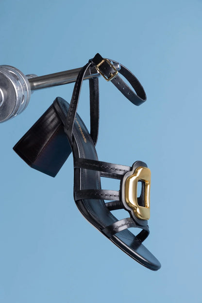 Margherita Block Sandal Black Leather