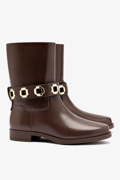Milan Flat Bootie In Brown Water Resistant Leather