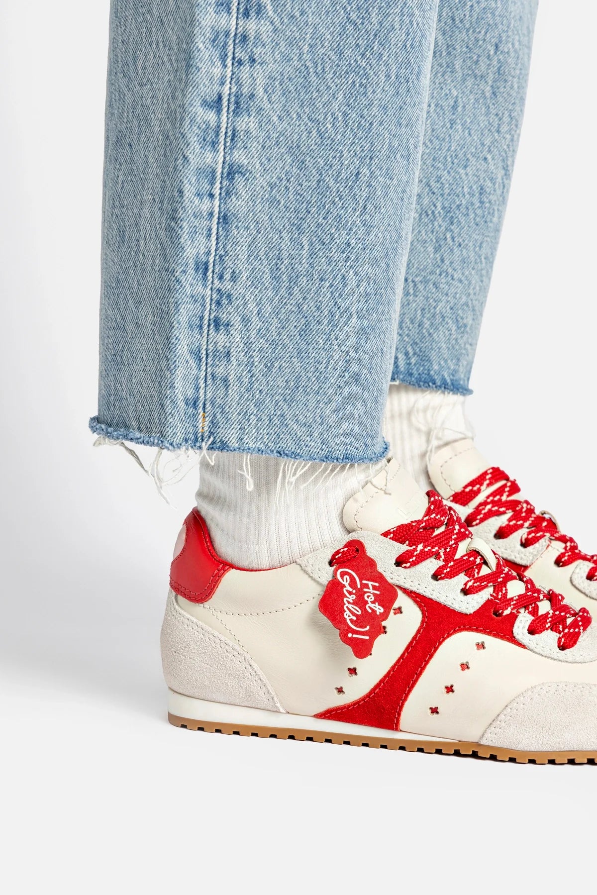Stella Amore Sneaker In Ivory Leather and Scarlet Suede