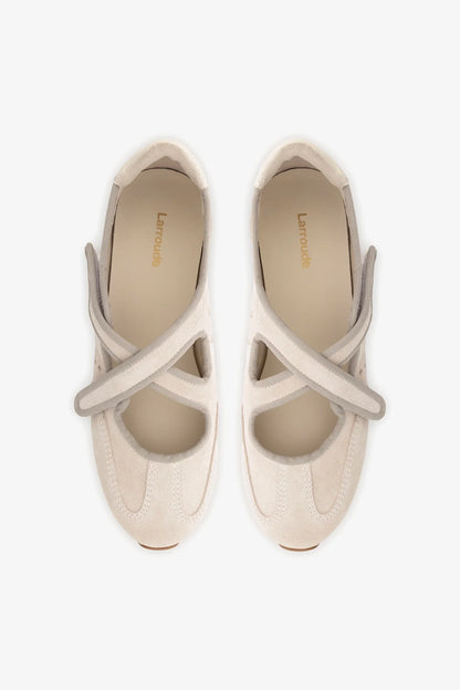 Stella Ballerina Flat In Mushroom Grey Suede and Ivory Leather