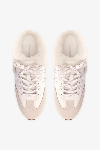 Stella Mule In Mushroom Grey Suede and White Shearling