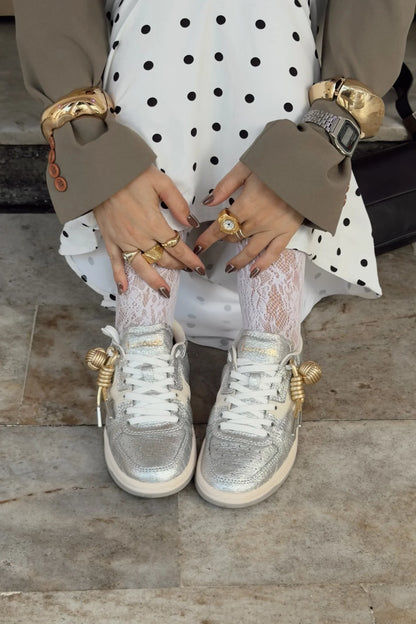 George Sneaker In Silver Sparkle Leather and Ivory Leather