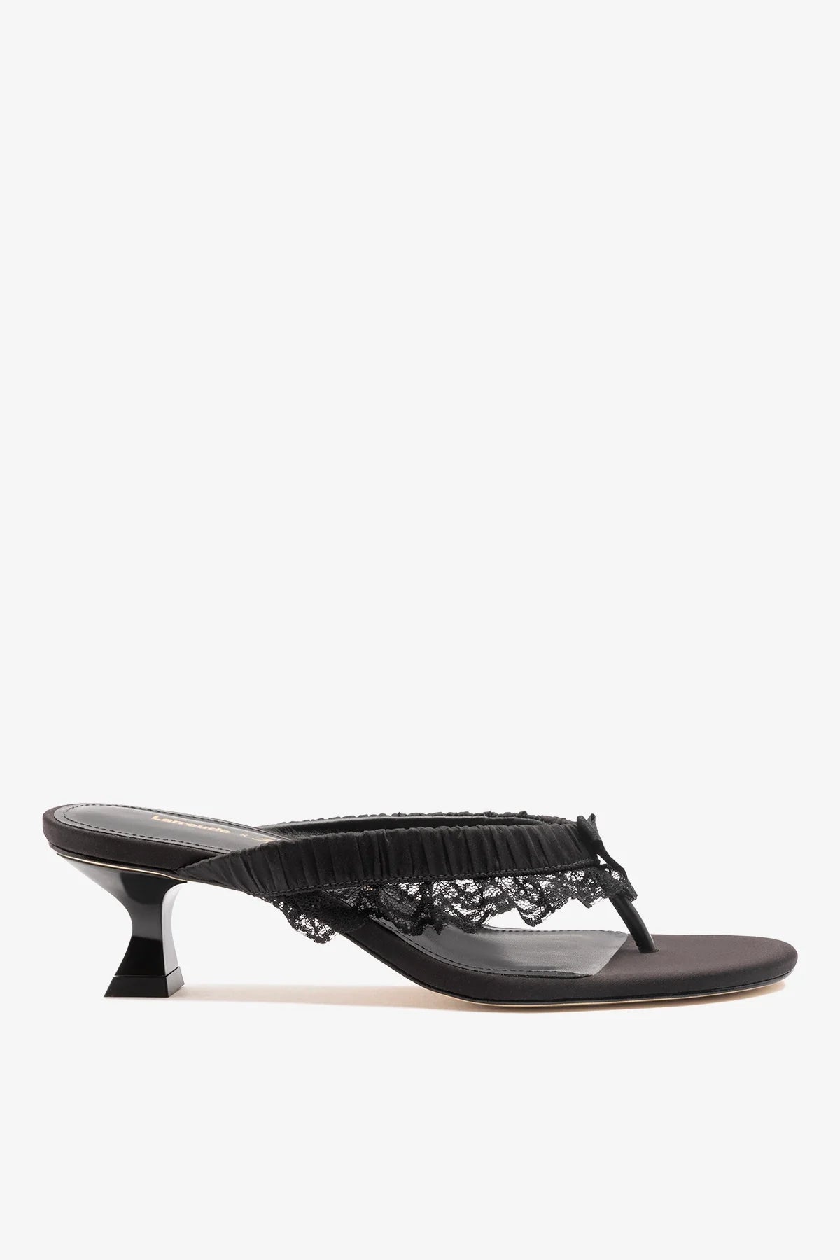 Larroudé x Tanner Fletcher: Gaia Low Lingerie Thong Sandal Black Satin