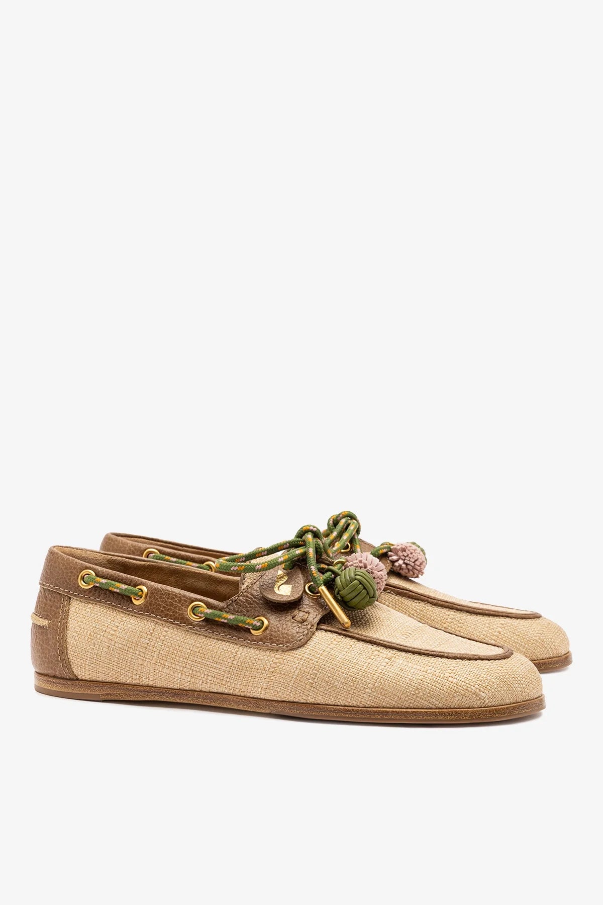 Cyprus Boat Shoe In Beige Raffia And Brown Leather