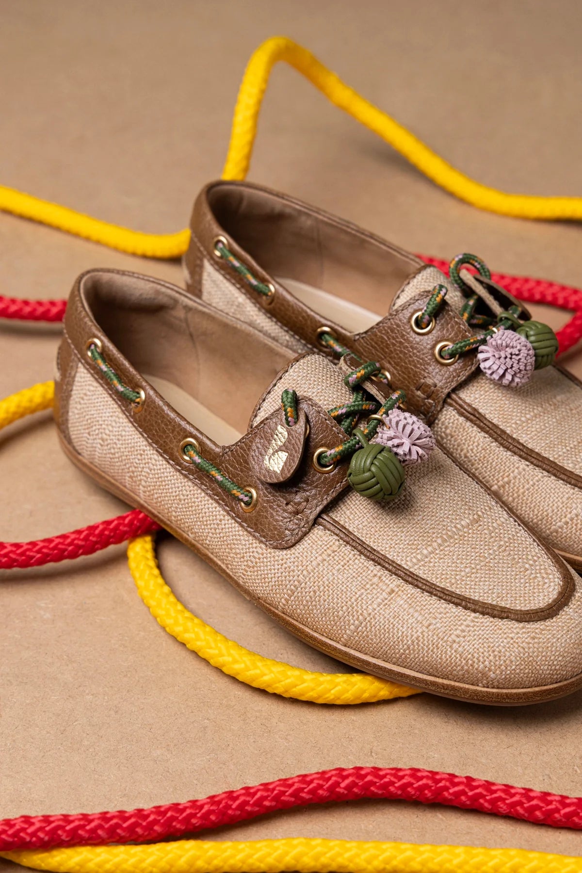 Cyprus Boat Shoe In Beige Raffia And Brown Leather