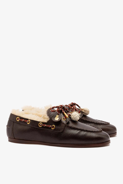 Cyprus Boat Shoe In Brown Leather and Natural Shearling