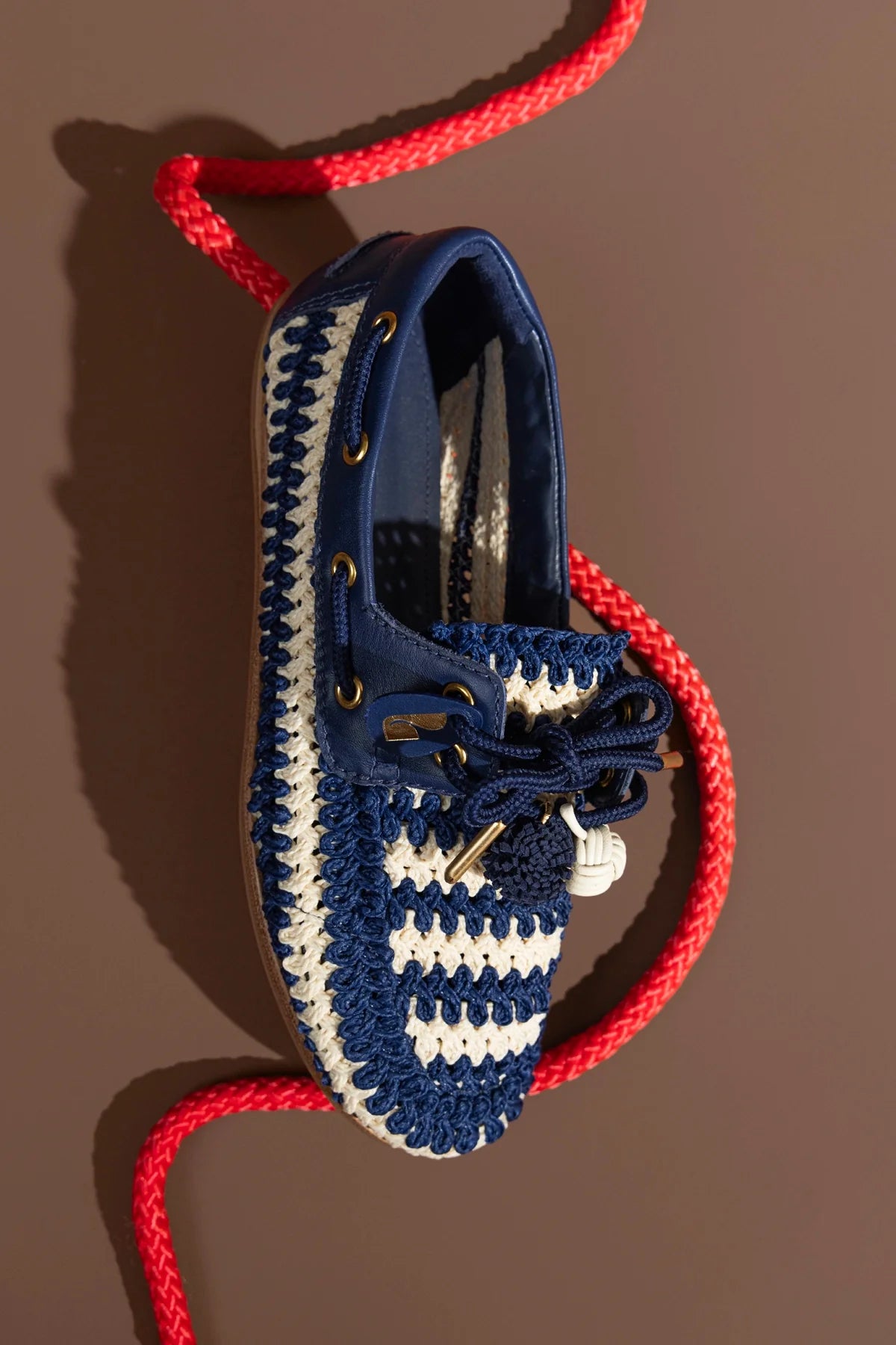 Cyprus Crochet Boat Shoe In Navy and Ivory Crochet and Navy Leather