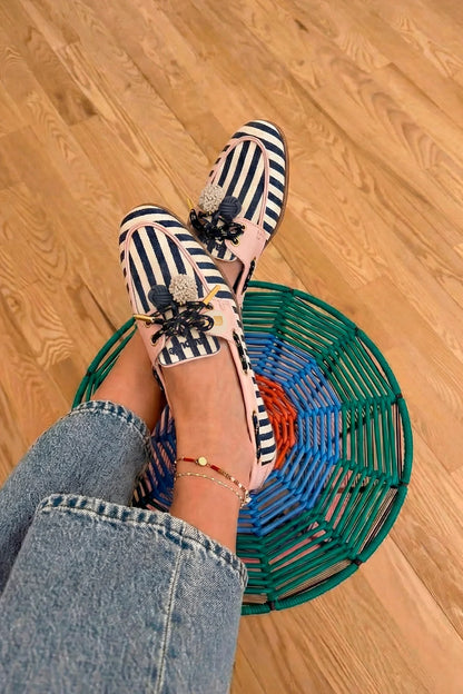 Cyprus Boat Shoe Navy Striped and Pink Leather