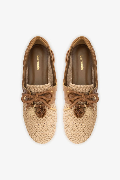 Cyprus Crochet Boat Shoe In Natural Crochet and Russet Leather