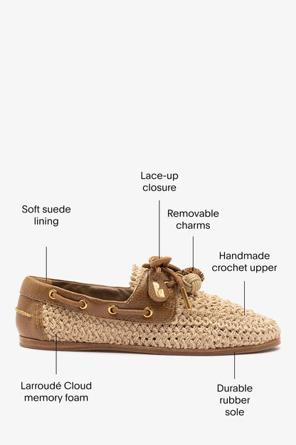 Cyprus Crochet Boat Shoe In Natural Crochet and Russet Leather