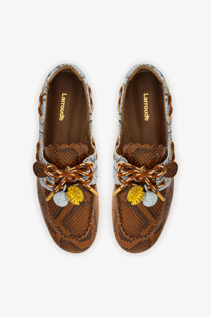 Cyprus Boat Shoe In Oud, Maya and Lemonade Python Embossed Leather