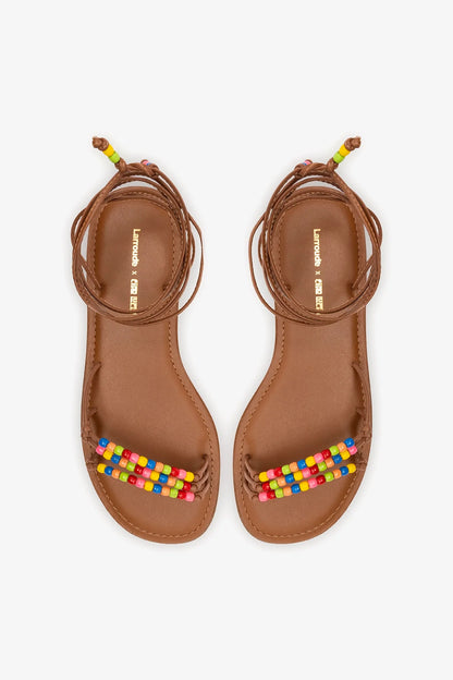 Larroudé x Ciao Lucia: Susana Flat Sandal Caramel Leather