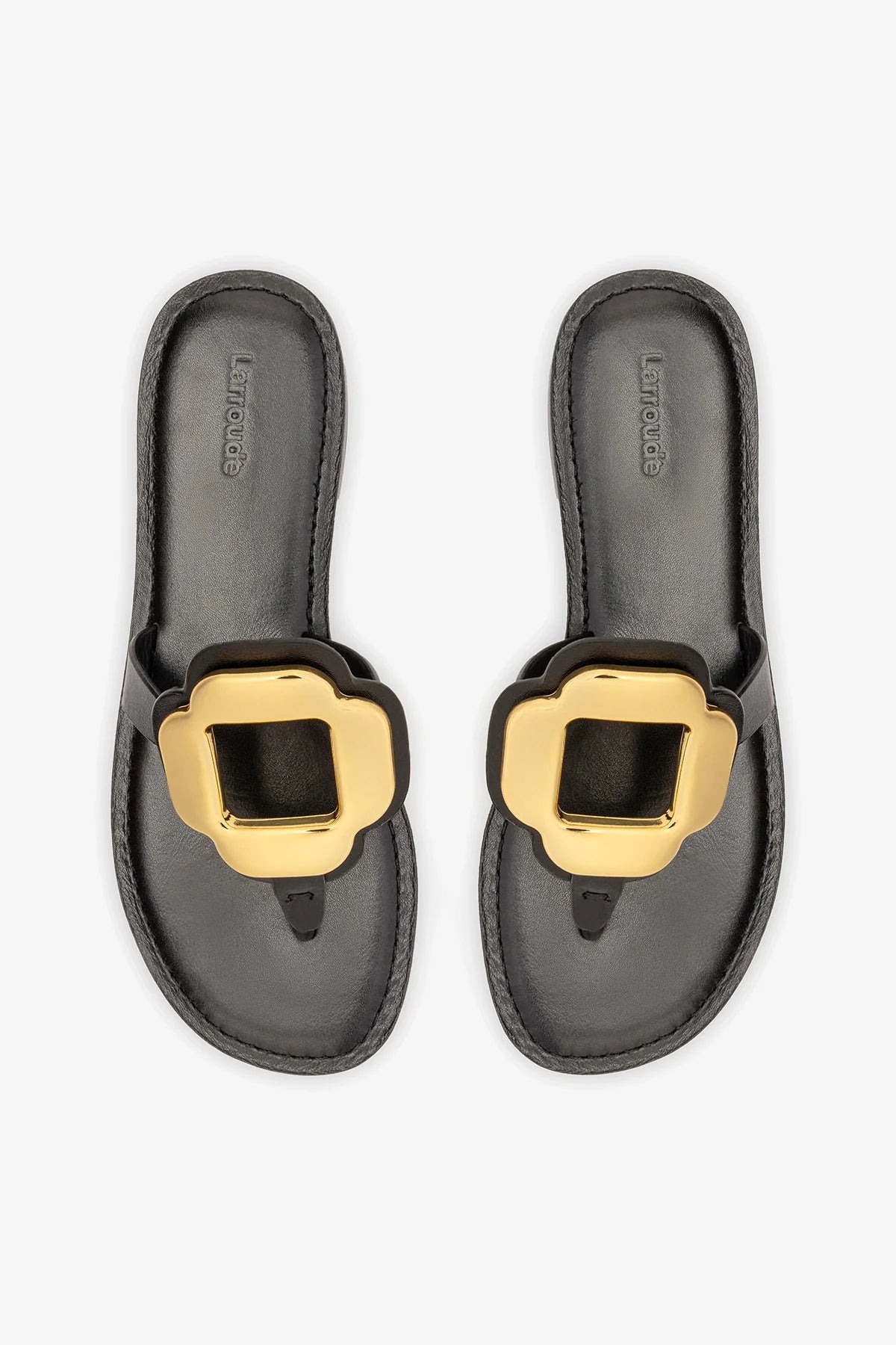 Margherita Thong Sandal in Black Leather and Gold Hardware