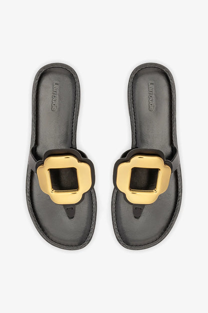Margherita Thong Sandal in Black Leather and Gold Hardware