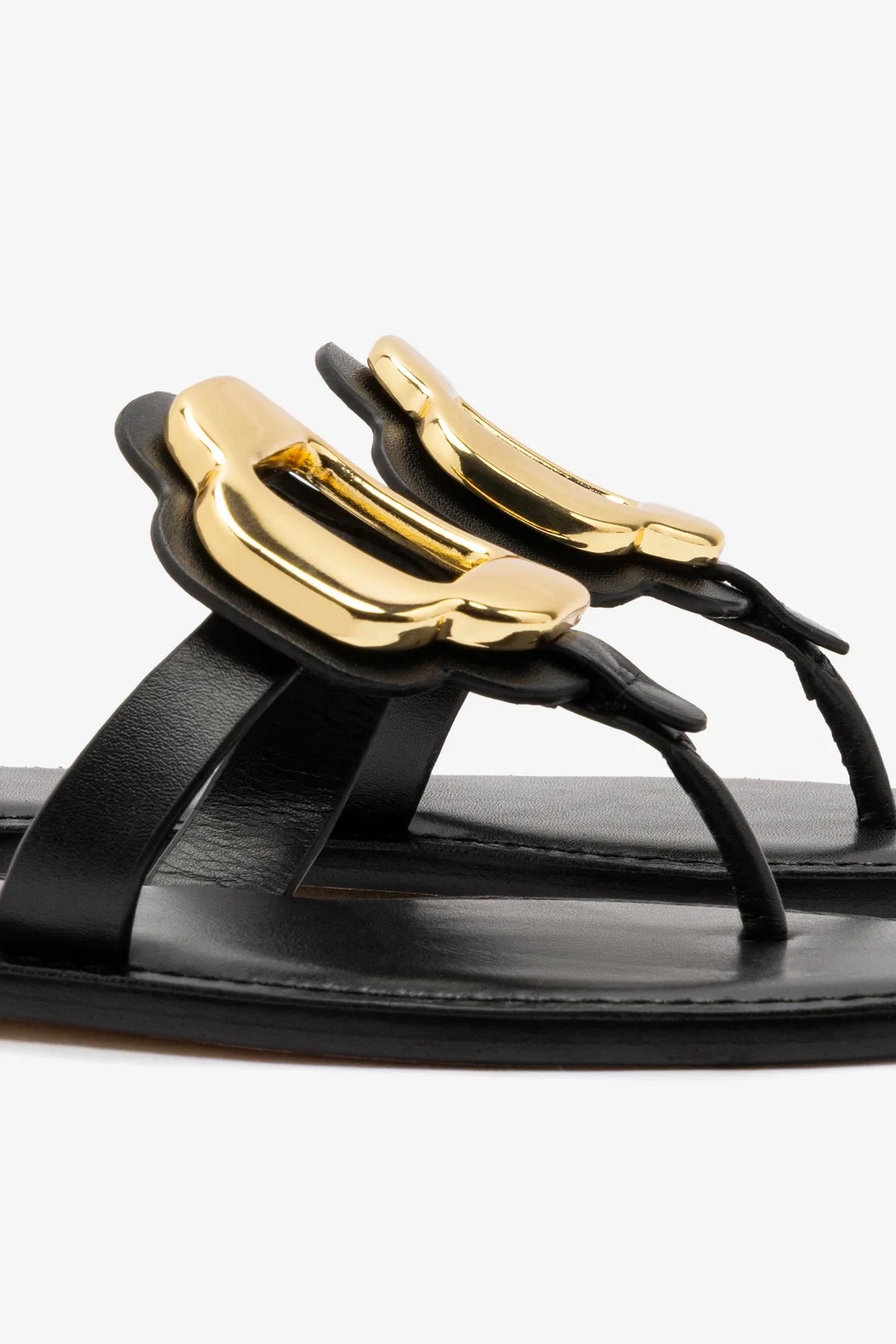 Margherita Thong Sandal in Black Leather and Gold Hardware