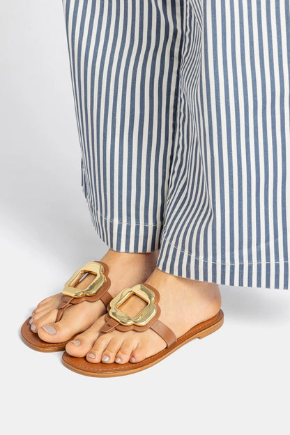 Margherita Thong Sandal in Caramel Leather and Gold Hardware