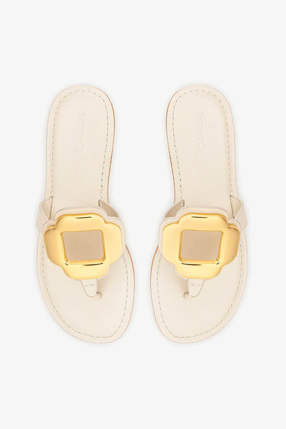 Margherita Thong Sandal in Ivory Leather and Gold Hardware
