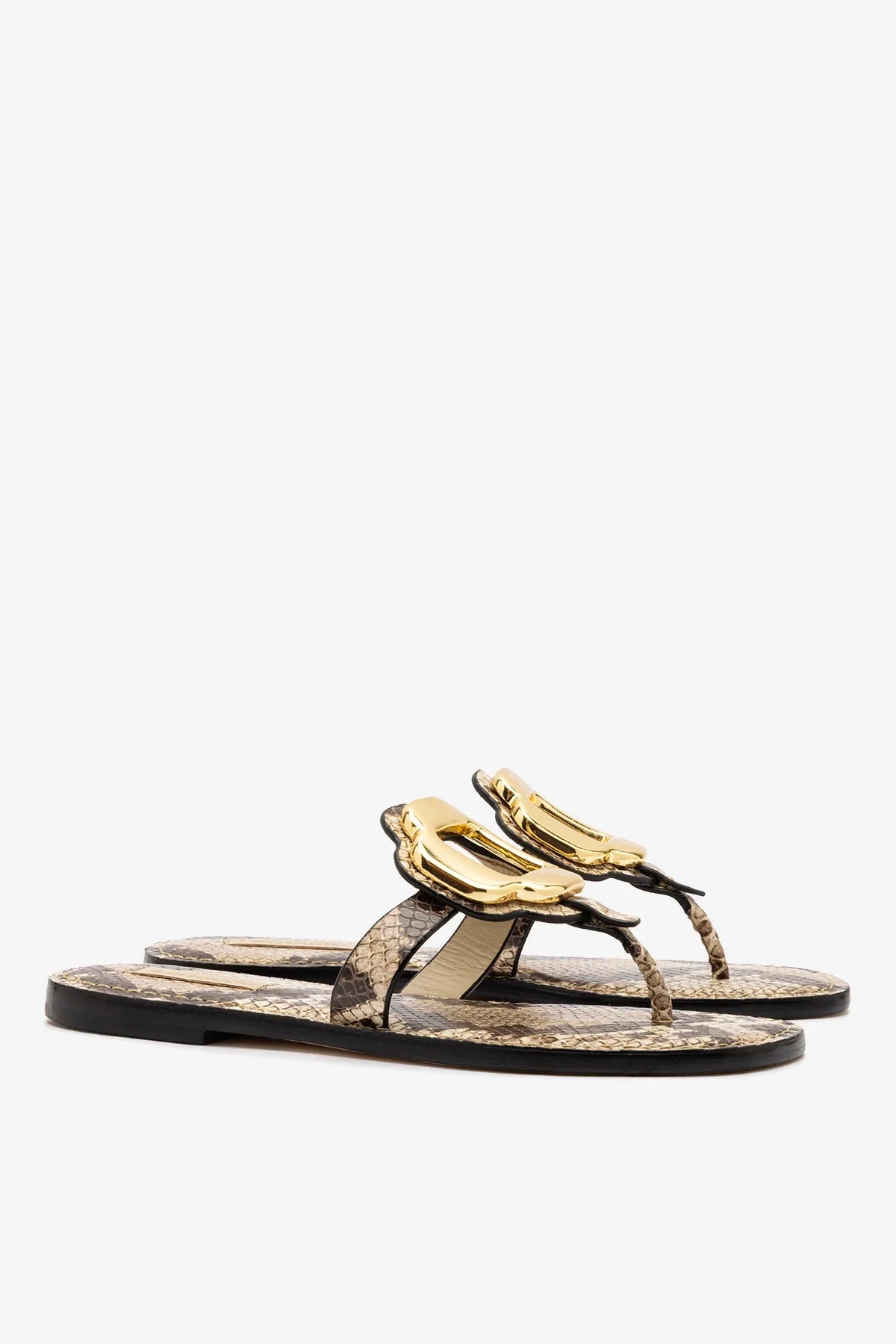 Margherita Thong Sandal in Neutral Snake Leather and Gold Hardware
