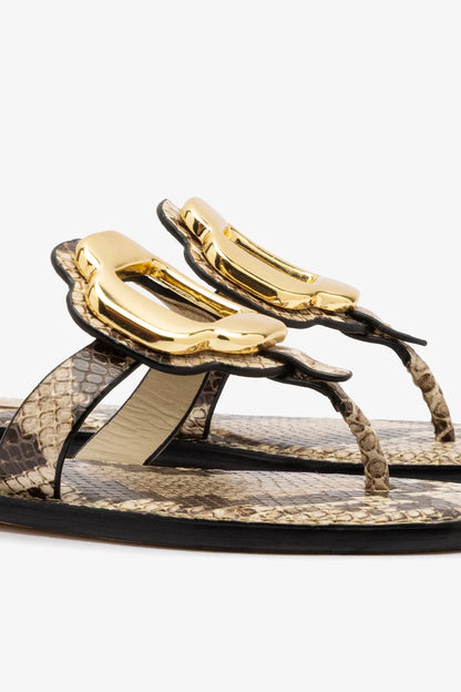 Margherita Thong Sandal in Neutral Snake Leather and Gold Hardware