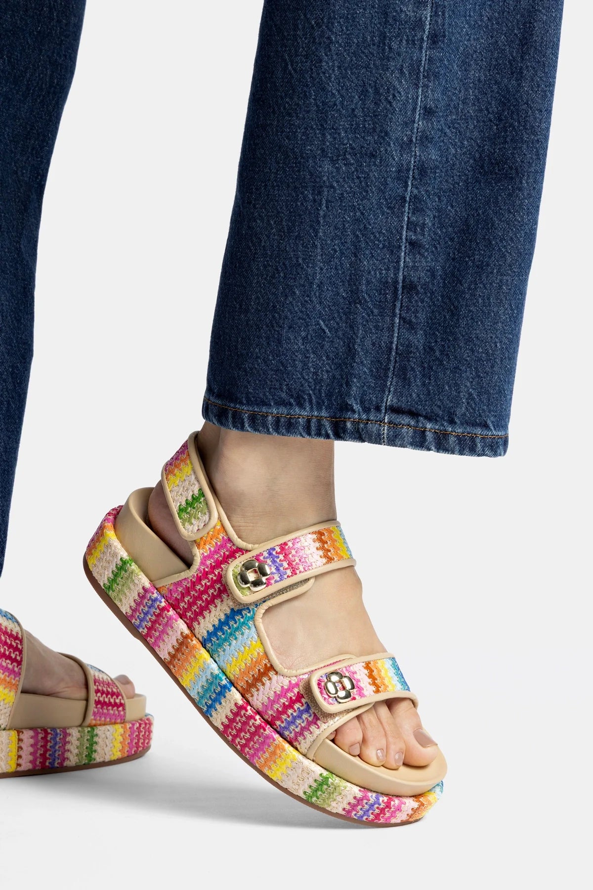 Jetty Sandal In Rainbow Raffia and Beige Leather