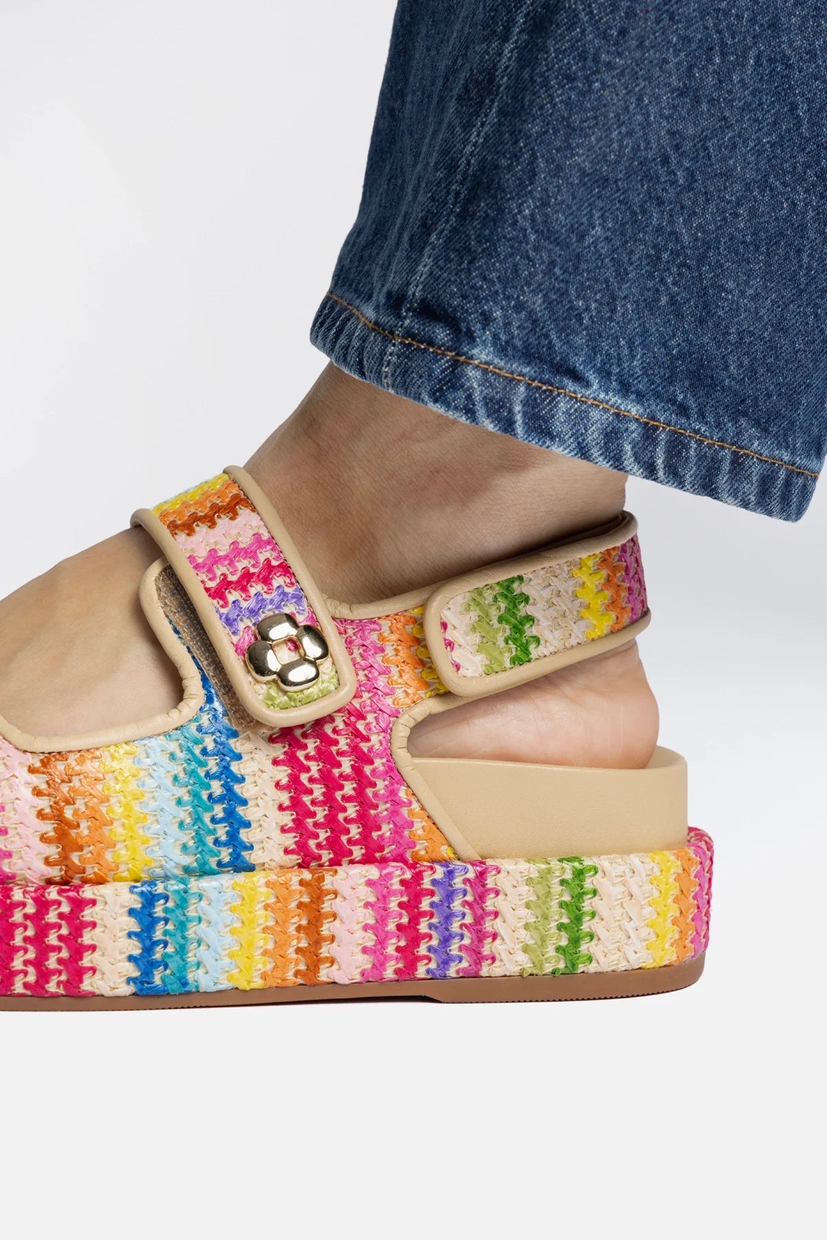 Jetty Sandal In Rainbow Raffia and Beige Leather