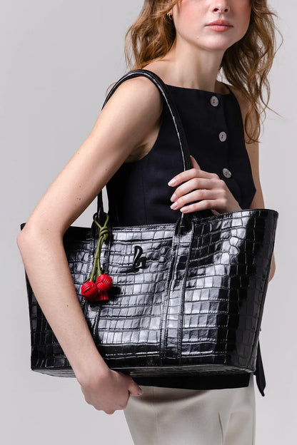 City Tote Bag Black Croco Leather