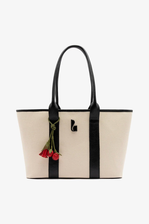City Tote Bag Natural Canvas and Black Leather