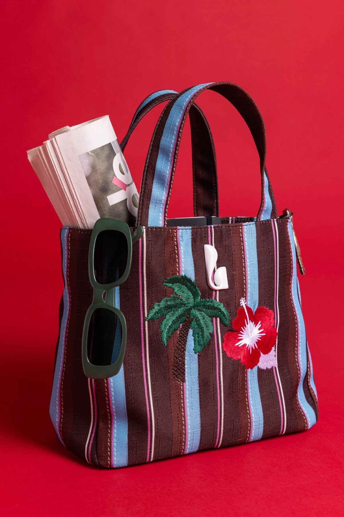 Poppy Mini Tote Bag In Brown And Azure Raffia