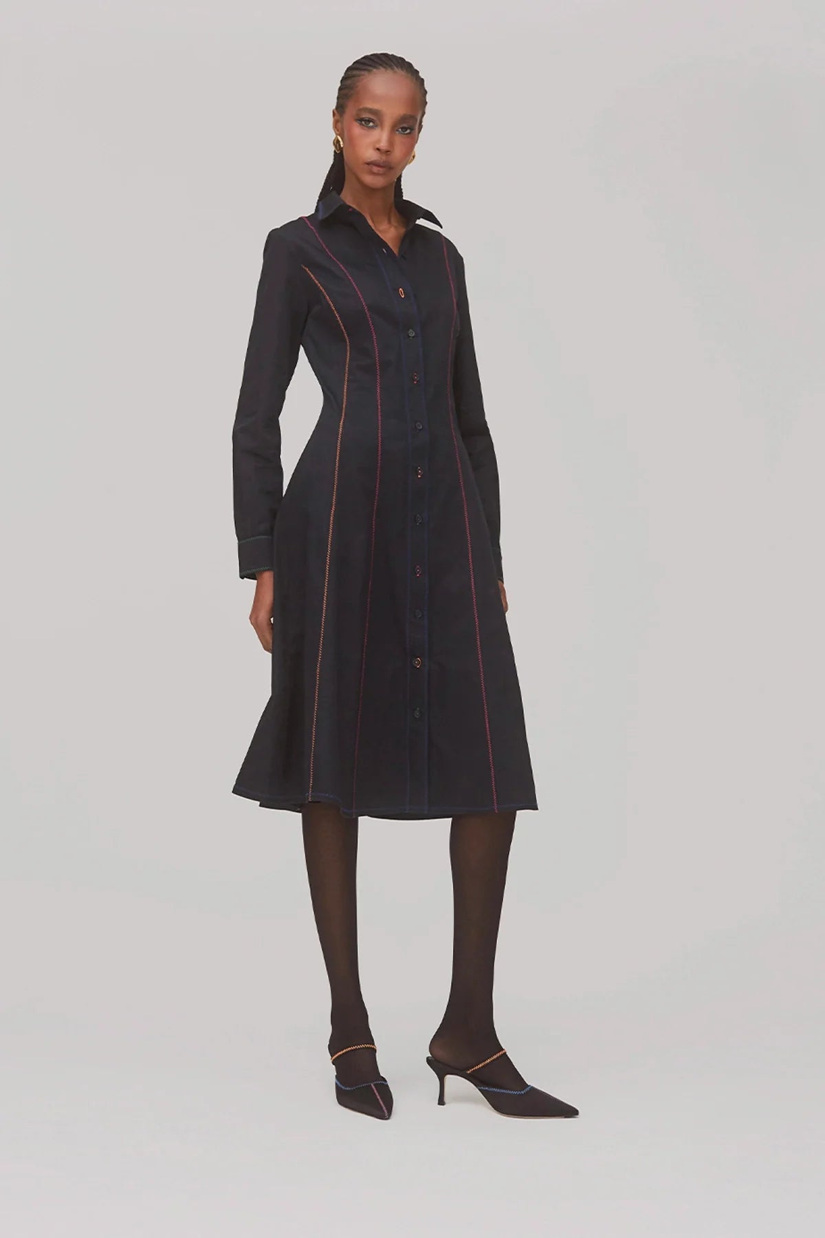 Elena Buttondown Dress In Black Percale