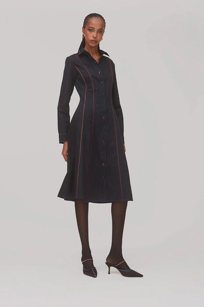 Elena Buttondown Dress In Black Percale