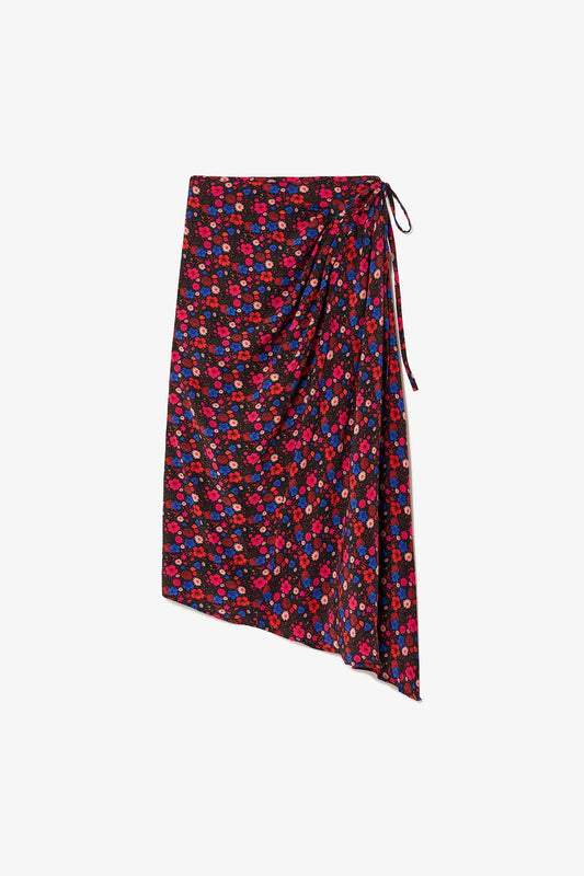 Ayesha Pleated Wrap Skirt In Black Floral Silk