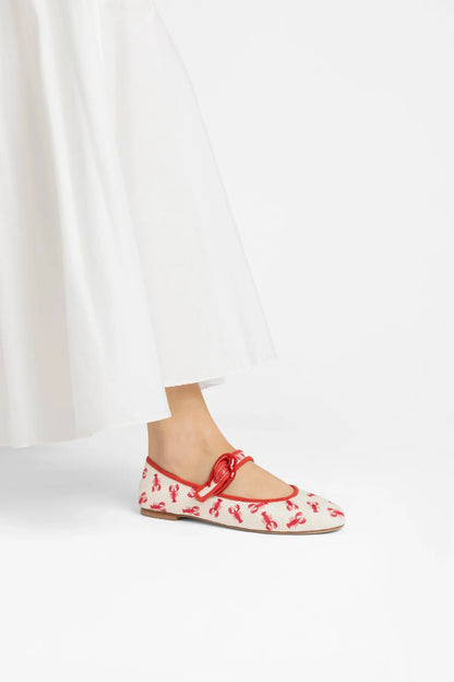 Verona Ballet Flat In White Striped Fabric and Lobster Embroidery