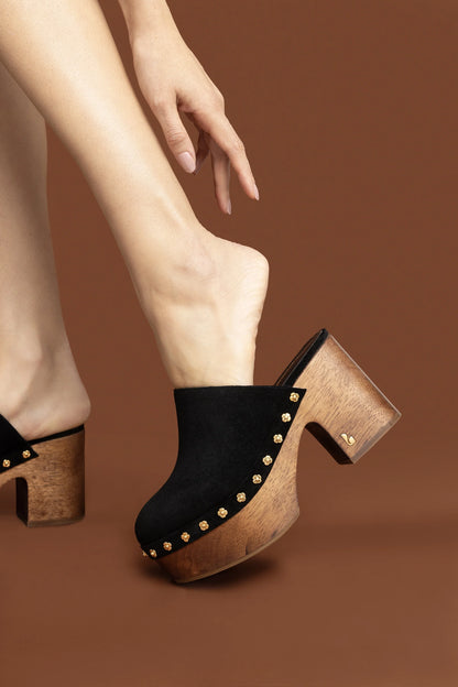 Miso Wooden Platform Clog In Black Suede