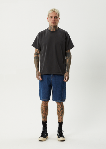 AFENDS Mens Scorched Harper - Denim Baggy Workwear Short 22" - Authentic Blue