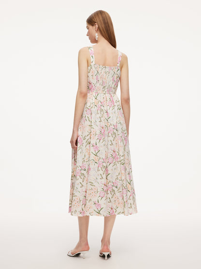 19MM Mulberry Silk Floral Print Women Maxi Dress With Ribbon