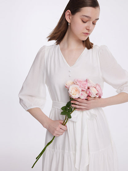 White V-Neck Gathered Waist Midi Dress