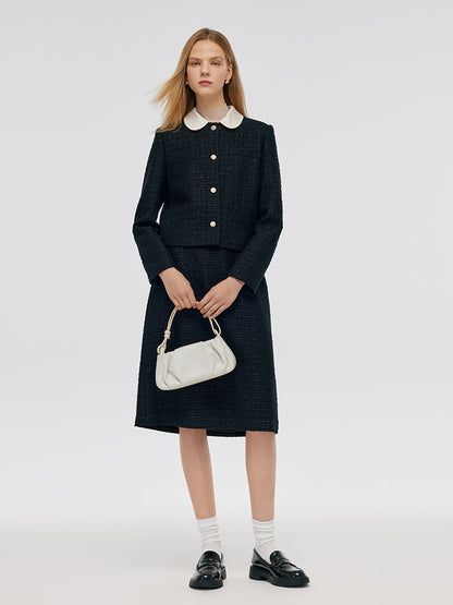 Tweed Crop Jacket And A-Line Skirt Two-Piece Set With Detachable Contrast Collar