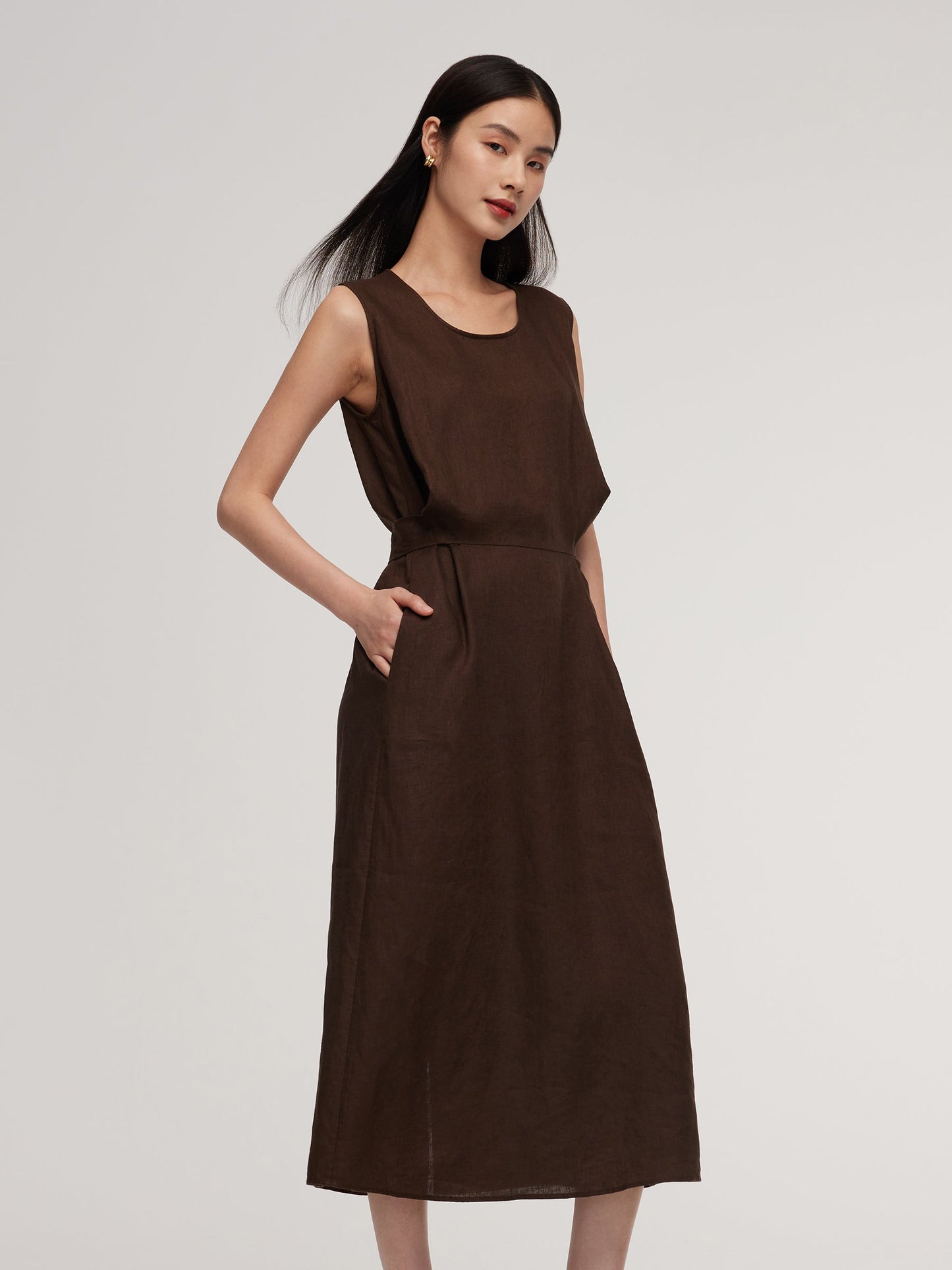 100% Linen Twist Front Women Sleeveless Maxi Dress