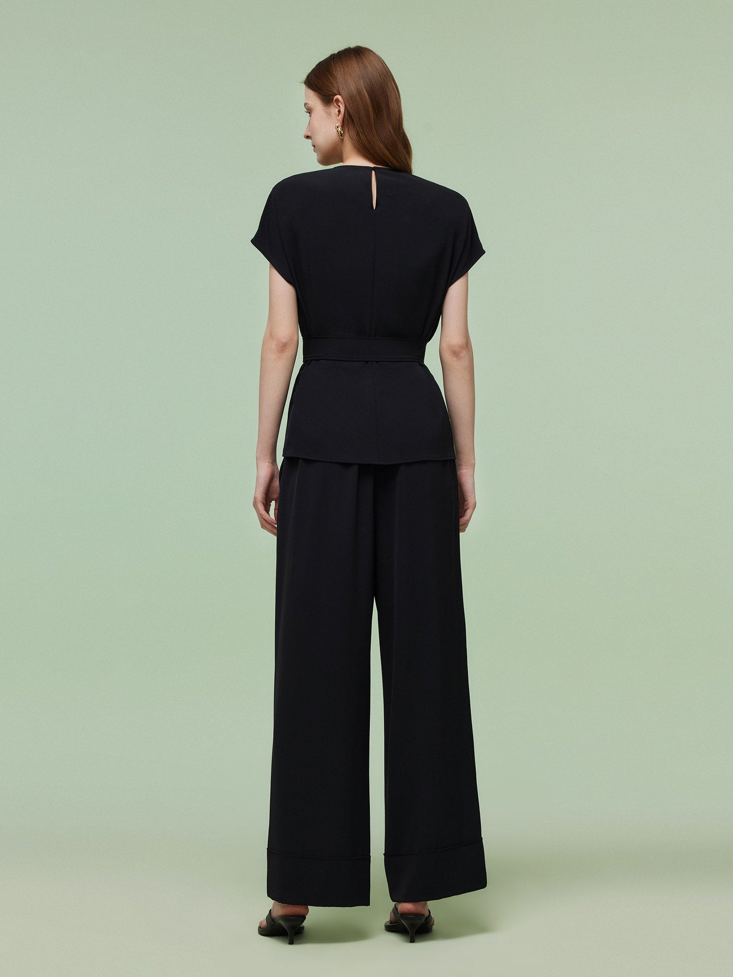Four-Way Stretch Top And Ankle Length Pants Two-Piece Set With Belt