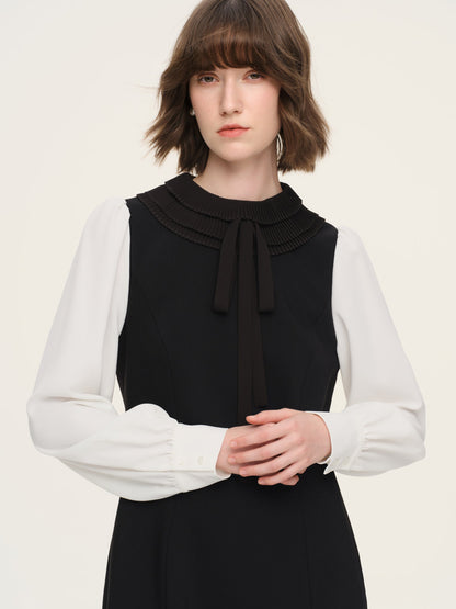 Worsted Wool Blend Ruffle Collar Women Mini Dress With Detachable Ribbon