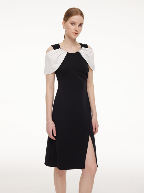 Pre-Order Color Block Cold Shoulder Women Patchwork Side Slit Knit Midi Dress