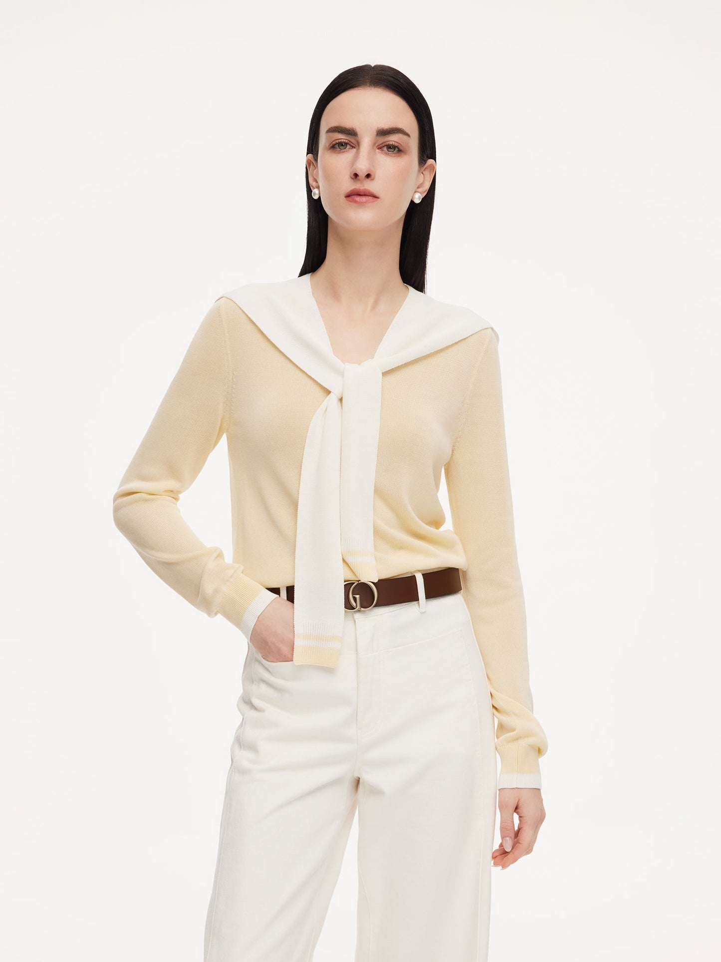 Lyocell Wool Blend V-Neck Women Knit Top With Detachable Sailor Collar