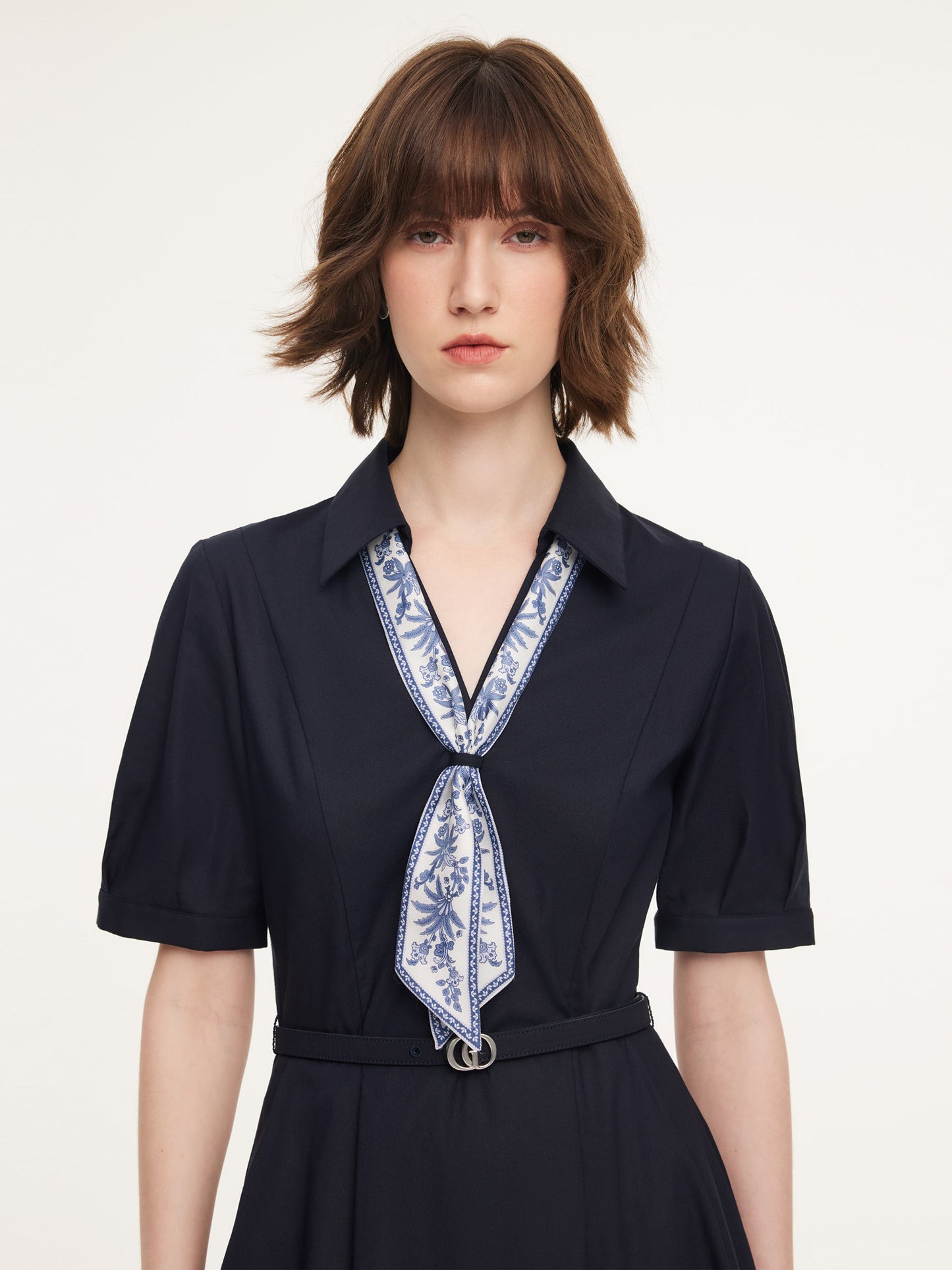 Linen Blend V-Neck Women Midi Dress With Silk Scarf And Belt