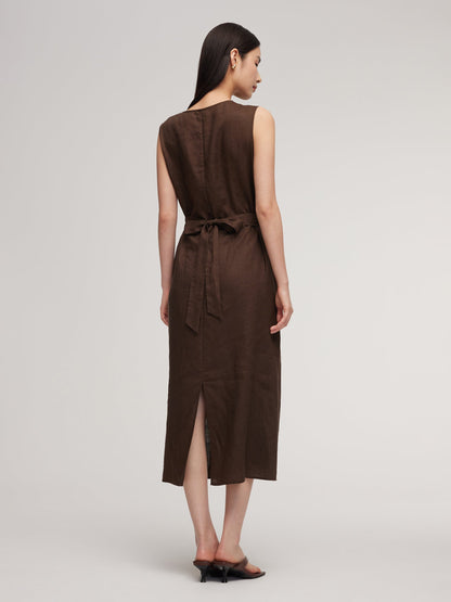 100% Linen Twist Front Women Sleeveless Maxi Dress