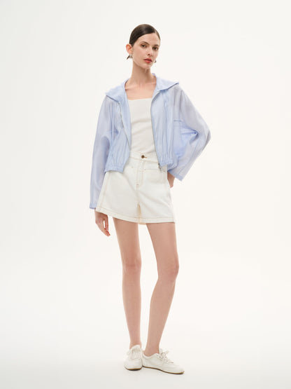 Tencel Acetate Linen Blend Women Zip-Up Hooded Cropped Jacket