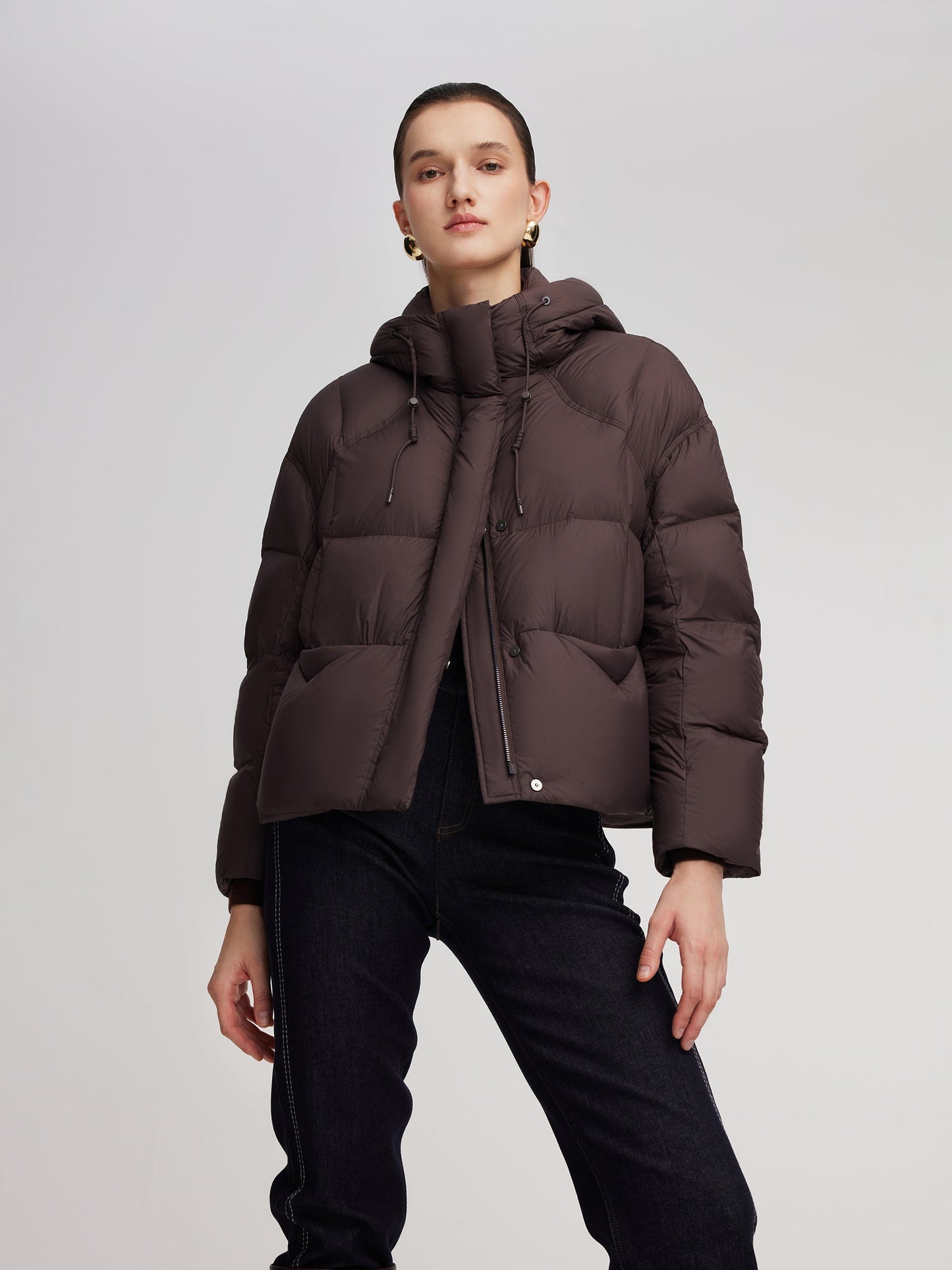Lightweight Drawstring Hem Hooded Goose Down Jacket