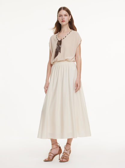Pre-Order Silky Scarf Neck Knit Top And Acetate Blend Skirt Two-Piece Set