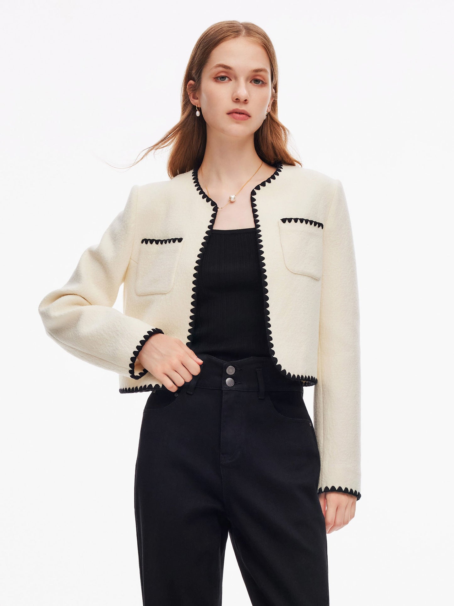 100% Wool Contrast Trim Women Crop Jacket