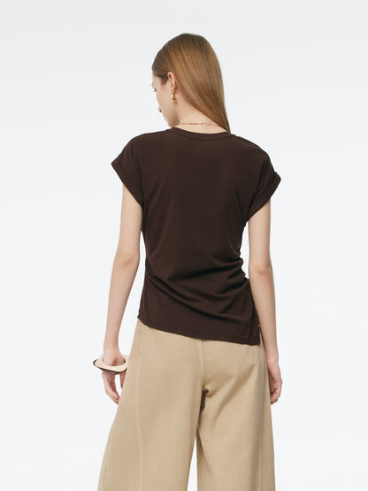 Stretch Asymmetric Hem Women Drawstring Cap Sleeve Knit Top
